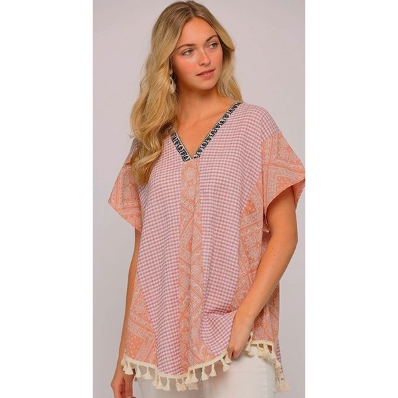 New Gigio Size S M L Dusty Apricot Gingham Bandana Oversized Caftan Tunic Top - Picture 1 of 5